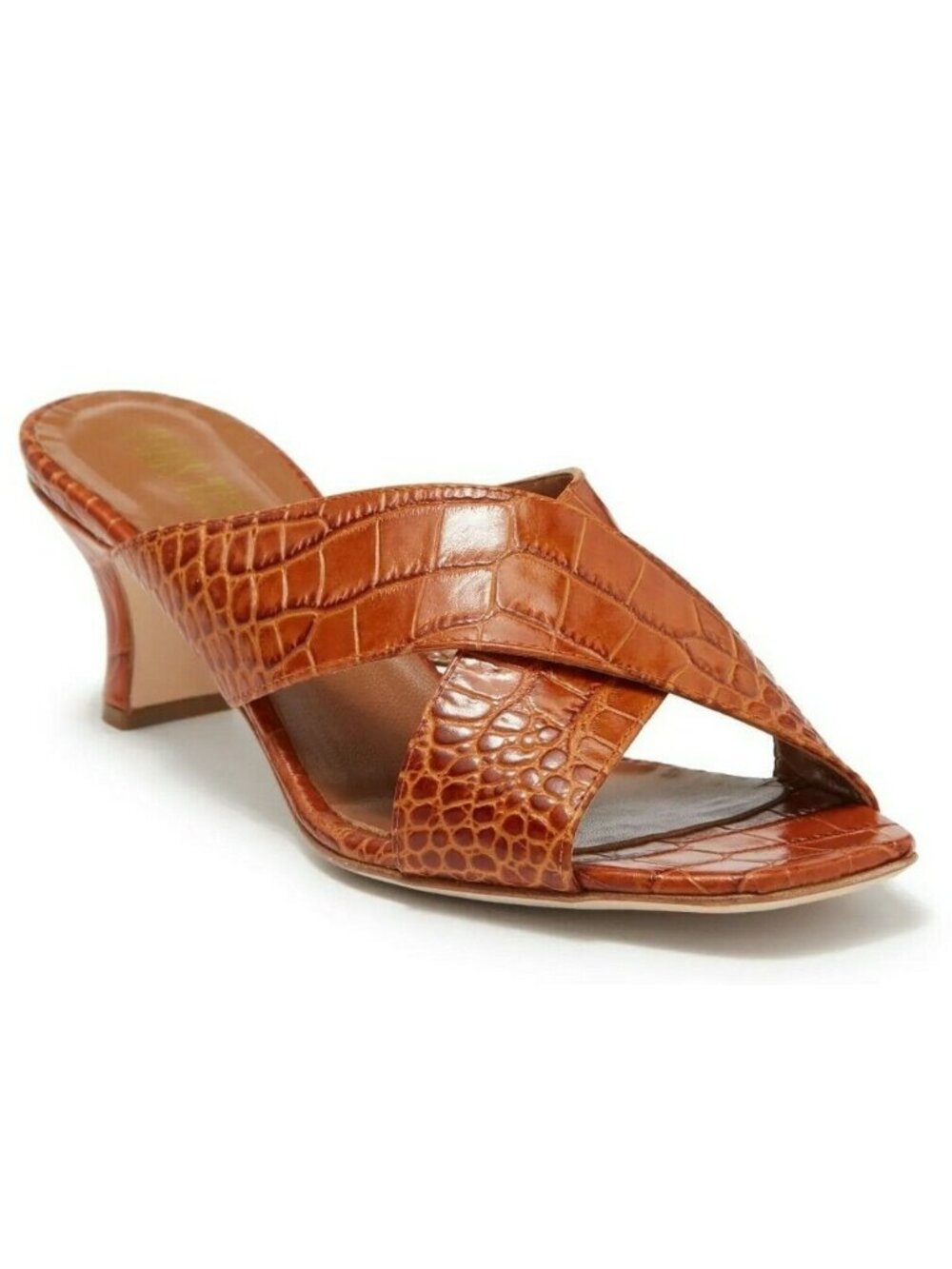 PARIS TEXAS Womens Croc Embossed Leather Mule Heel Sandal Cognac EU 38.5, US 8.5